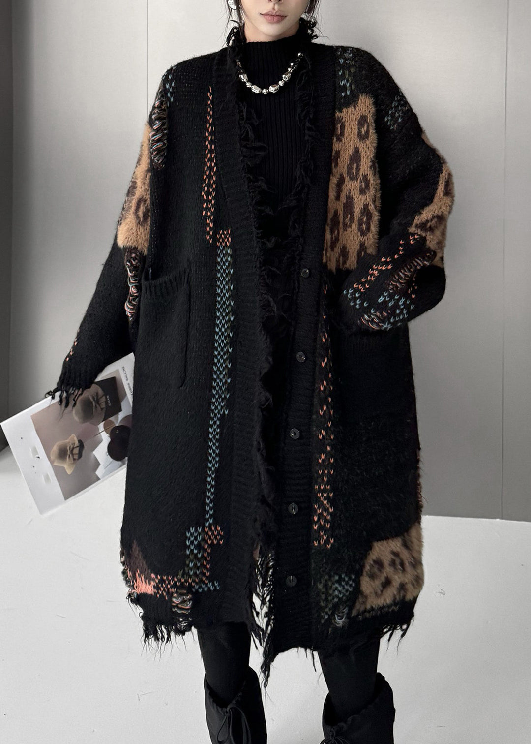 Women Black Print Patchwork Cotton Knit Cardigan Fall