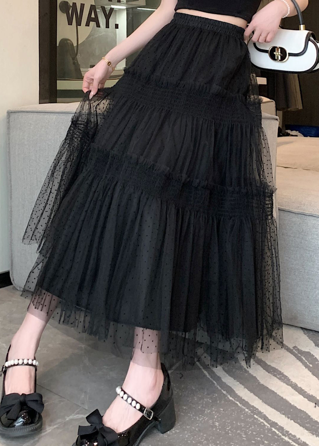 Women Black Ruffled Patchwork Elastic Waist Tulle Skirt Summer