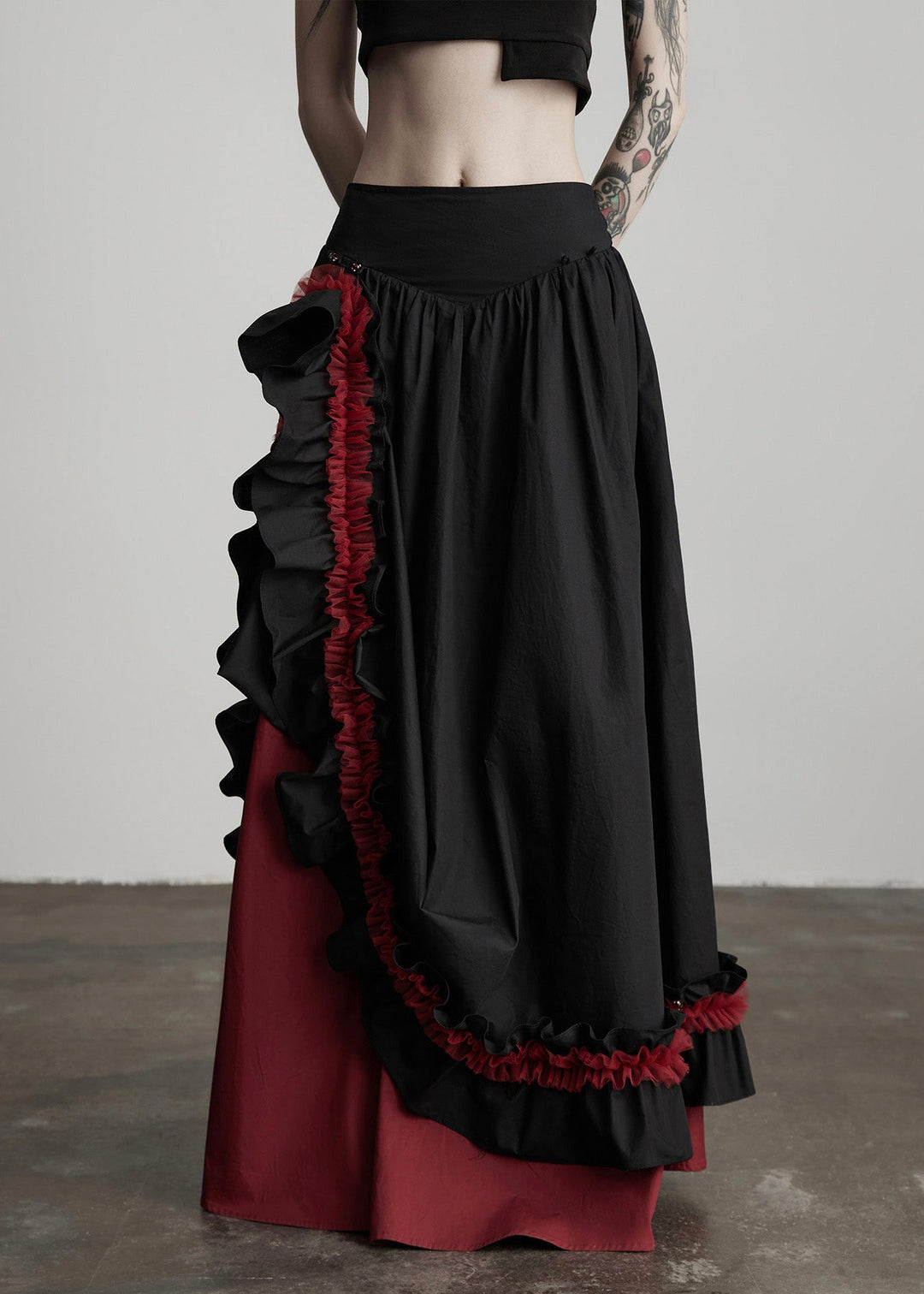 Women Black Ruffled Patchwork Exra Large Hem Cotton Skirts Fall