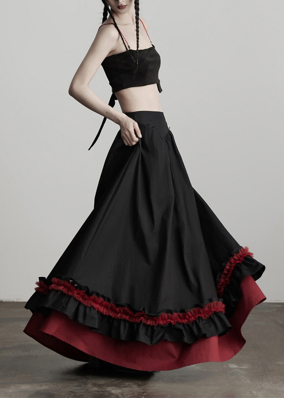 Women Black Ruffled Patchwork Exra Large Hem Cotton Skirts Fall
