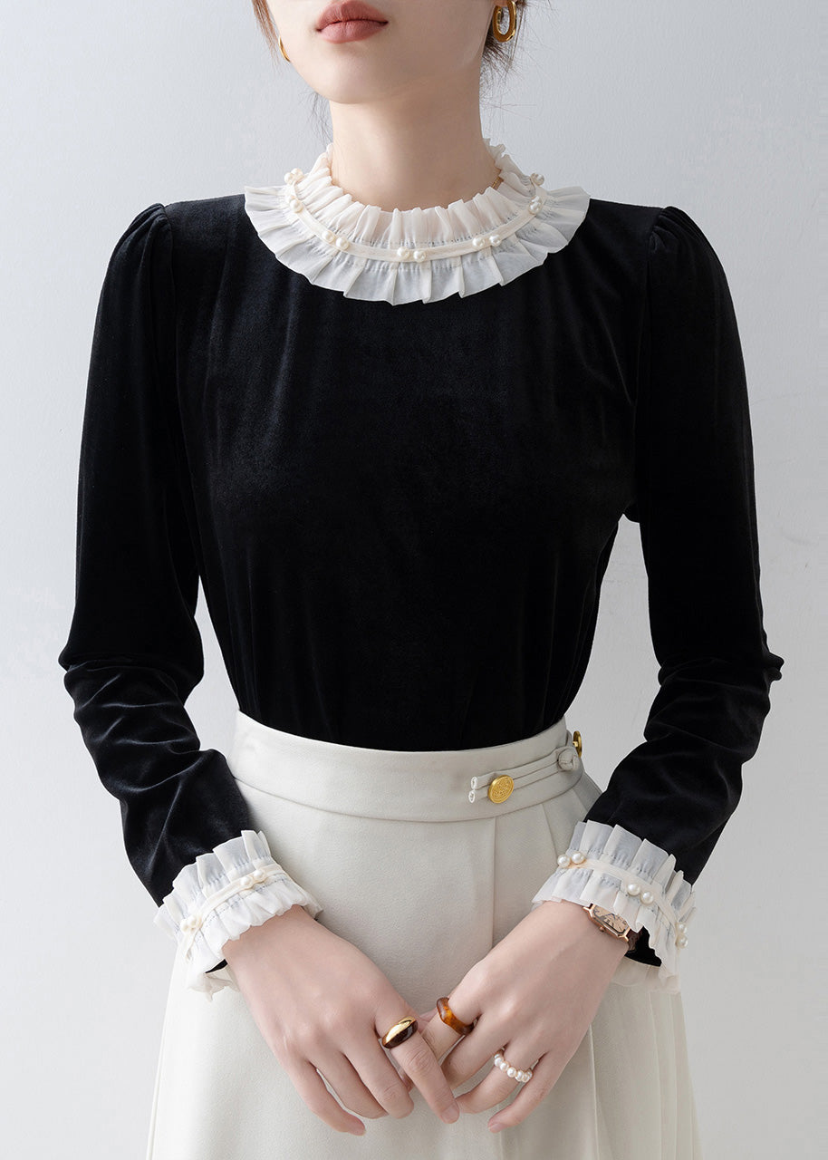 Women Black Ruffled Patchwork Silk Velour Shirt Top Spring