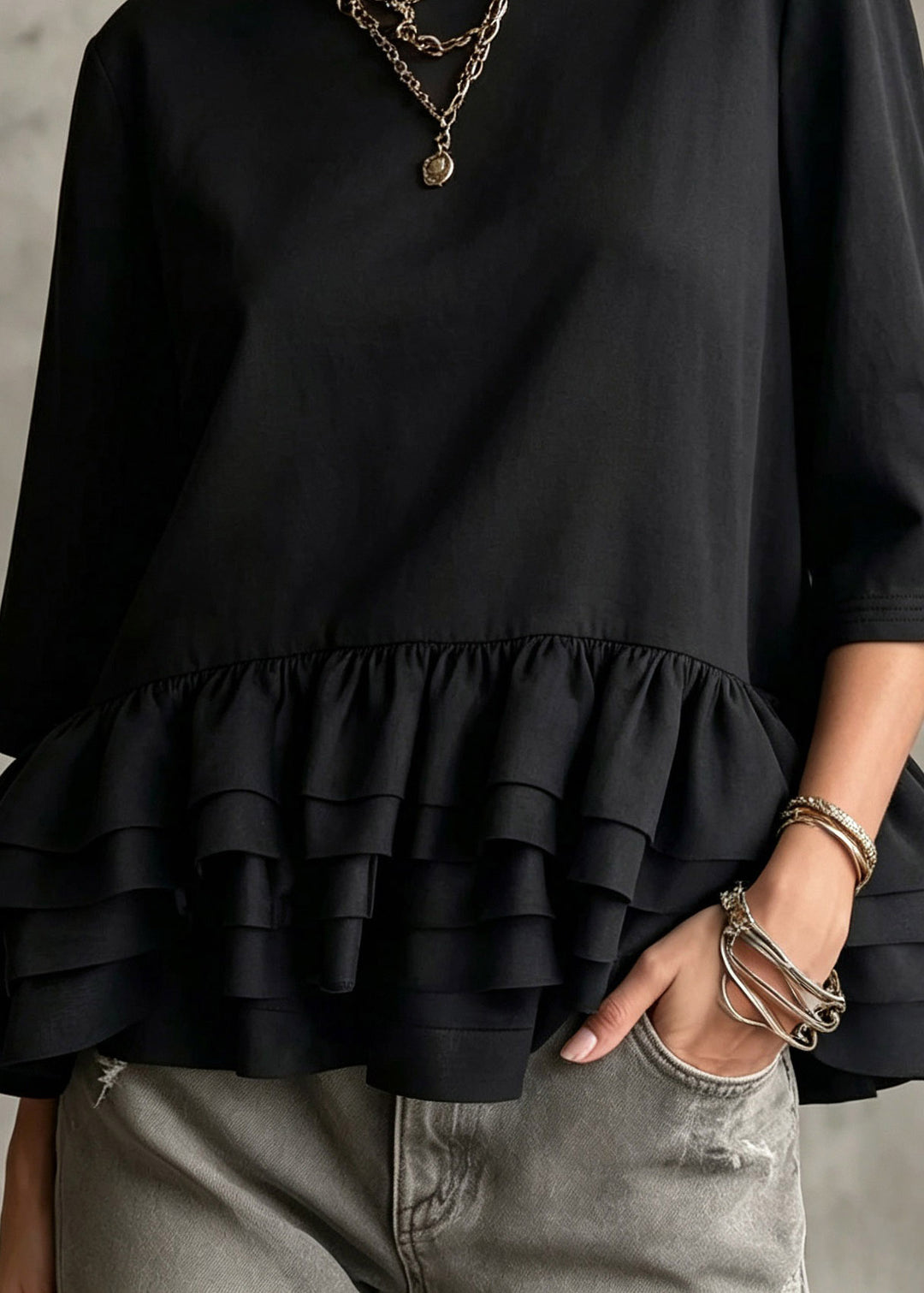 Women Black Ruffled Patchwork Solid Top Three Quarter Sleeve