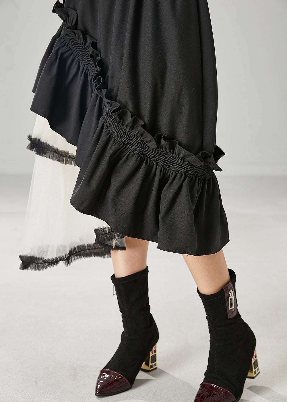 Women Black Ruffled Patchwork Tulle Cotton Skirt Spring