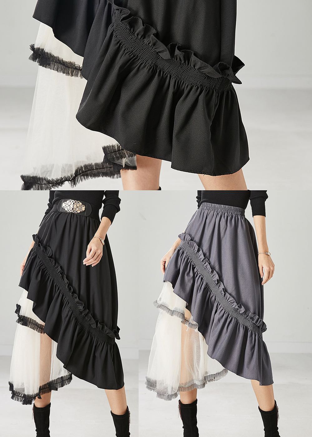 Women Black Ruffled Patchwork Tulle Cotton Skirt Spring