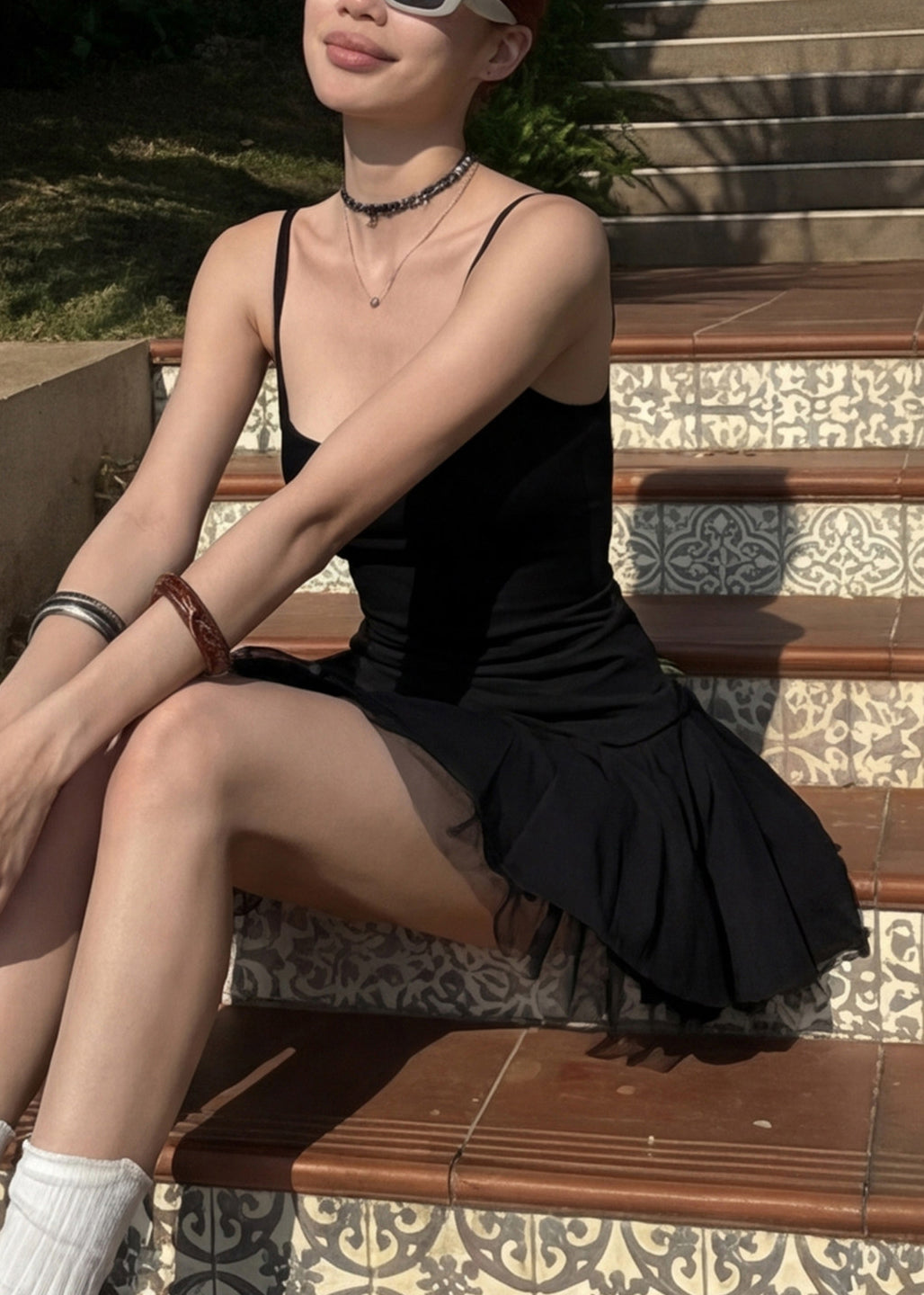 Women Black Ruffled Patchwork Tulle Mini Dress Summer