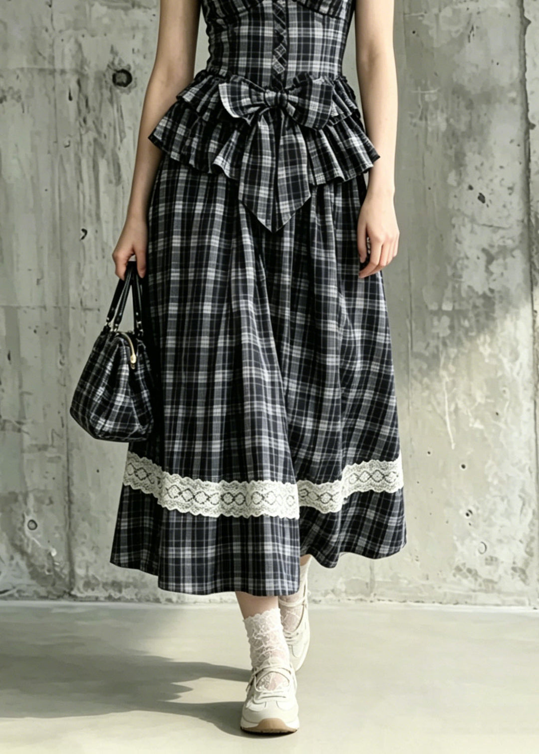 Women Black Ruffled Plaid Bow Cotton 2 Piece Outfit Summer