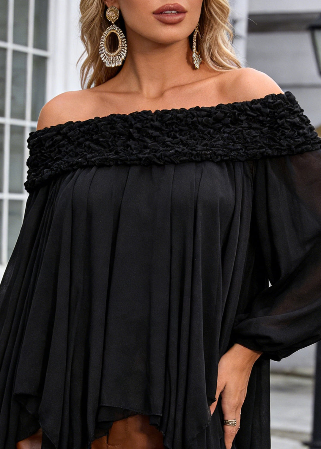 Women Black Slash Neck Asymmetrical Chiffon Shirt Spring - Omychic