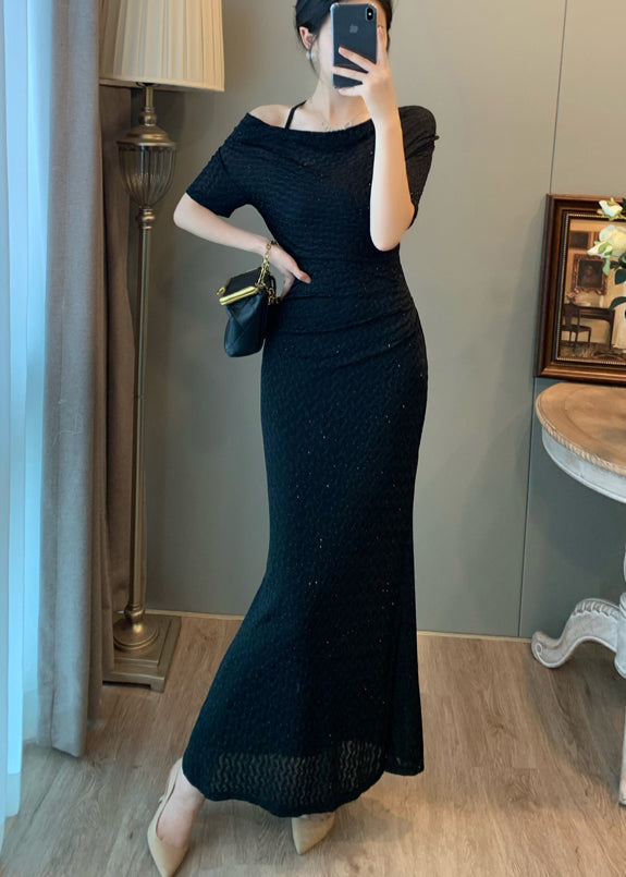Women Black Slash Neck Silm Fit Long Dress Summer