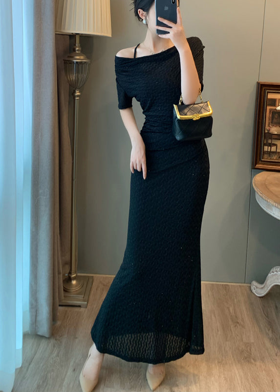 Women Black Slash Neck Silm Fit Long Dress Summer
