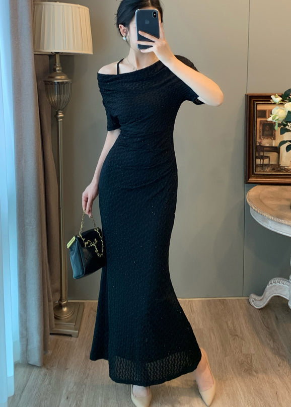 Women Black Slash Neck Silm Fit Long Dress Summer