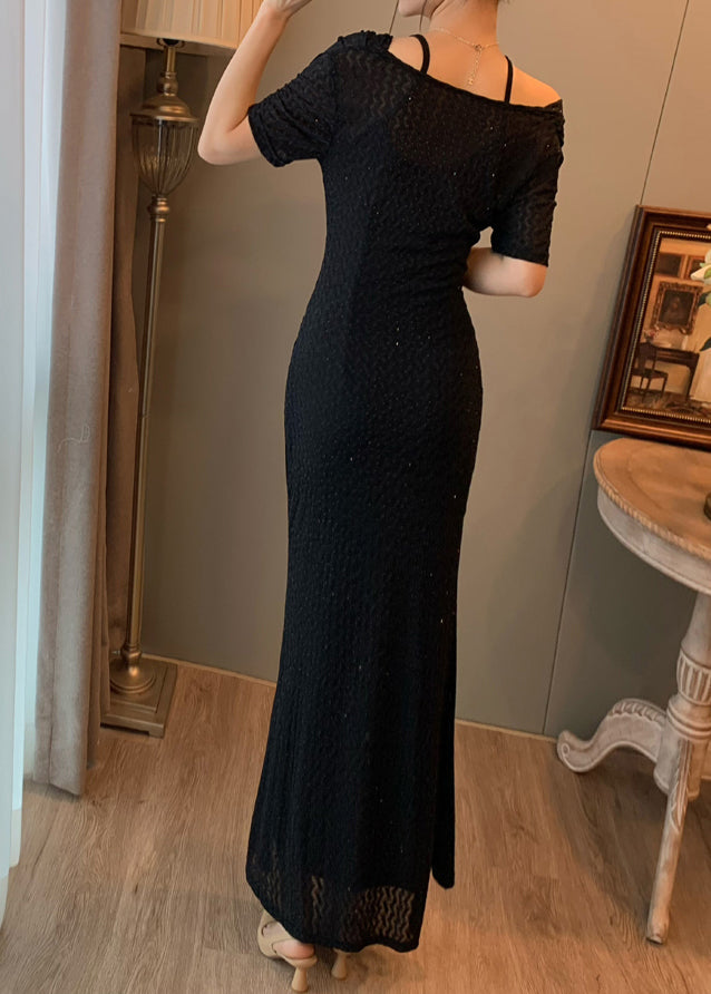 Women Black Slash Neck Silm Fit Long Dress Summer