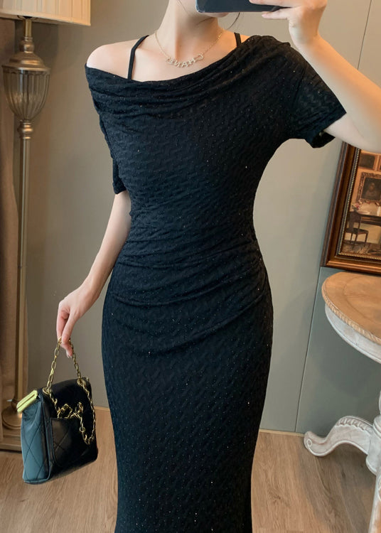 Women Black Slash Neck Silm Fit Long Dress Summer