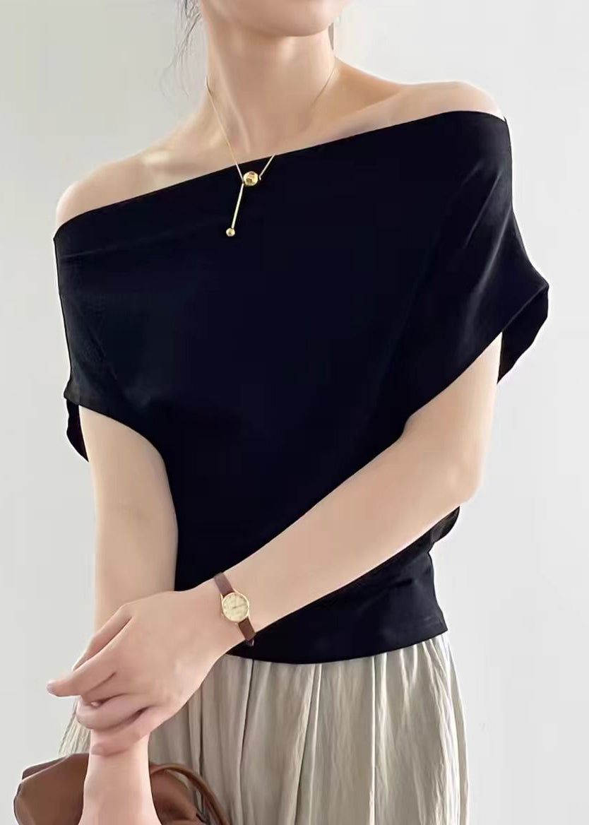 Women Black Slash Neck Solid Cotton T Shirt Summer