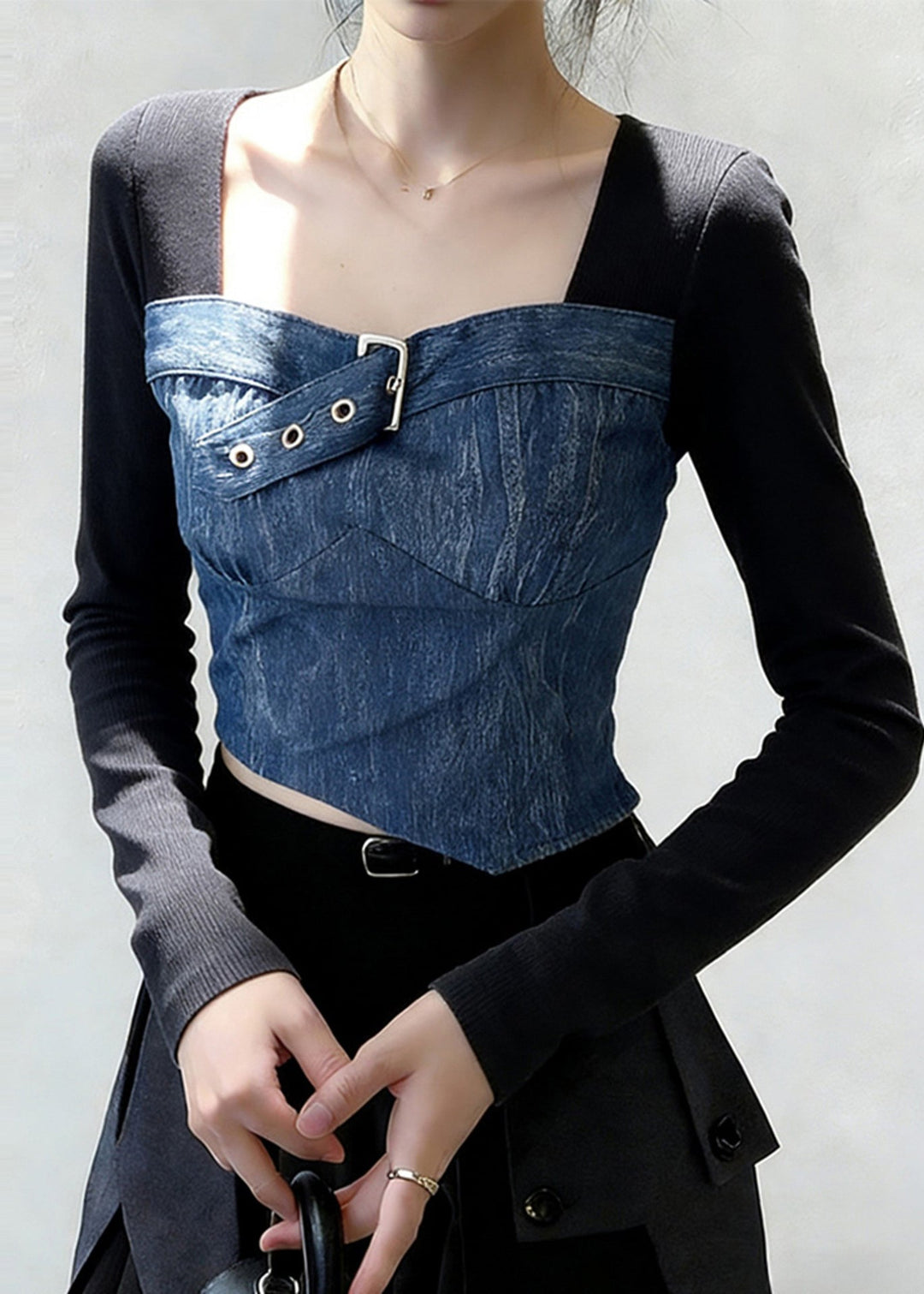 Women Black Square Collar Patchwork Denim Shirt Tops Spring