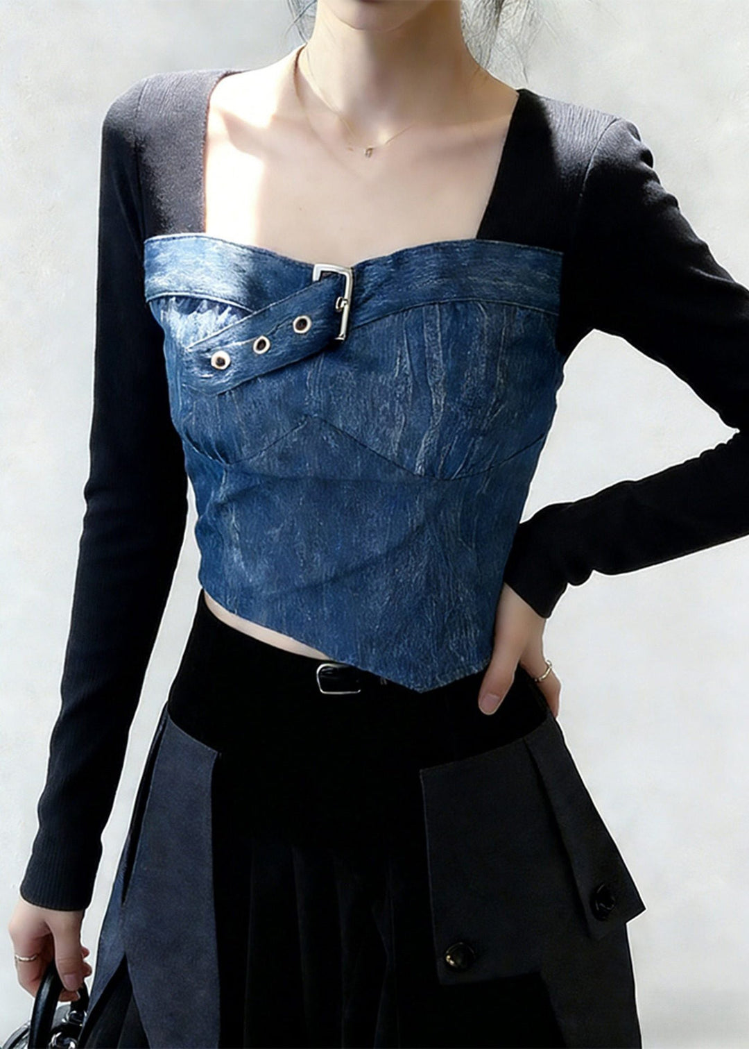 Women Black Square Collar Patchwork Denim Shirt Tops Spring