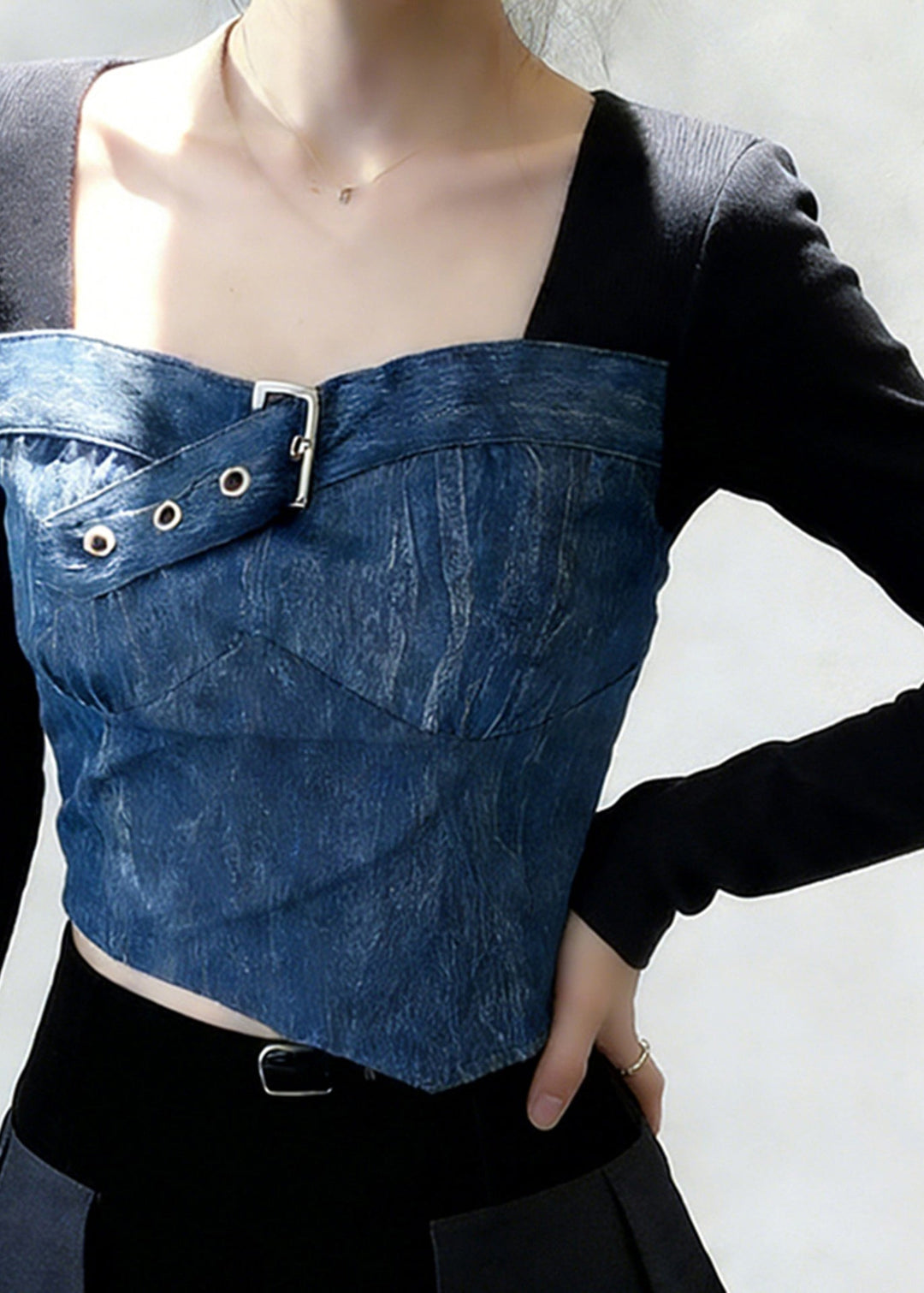 Women Black Square Collar Patchwork Denim Shirt Tops Spring