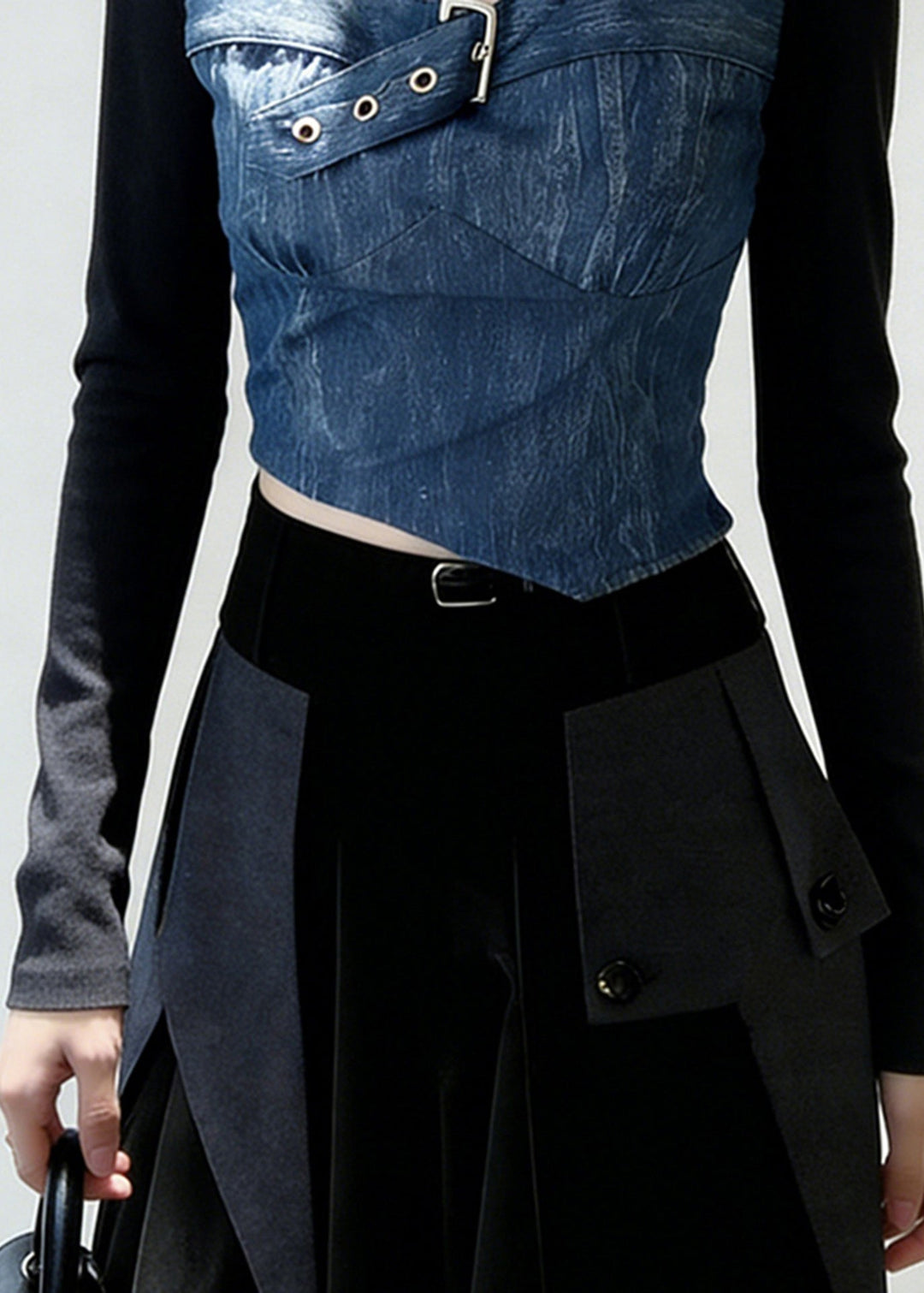 Women Black Square Collar Patchwork Denim Shirt Tops Spring