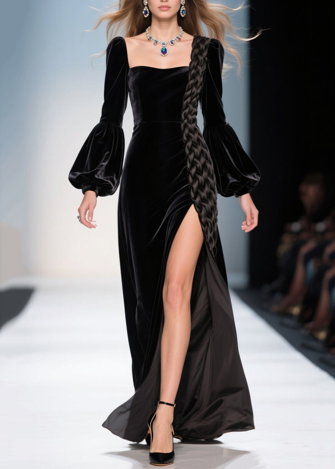 Women Black Square Collar Patchwork Side Open Silk Velvet Party Dress Lantern Sleeve