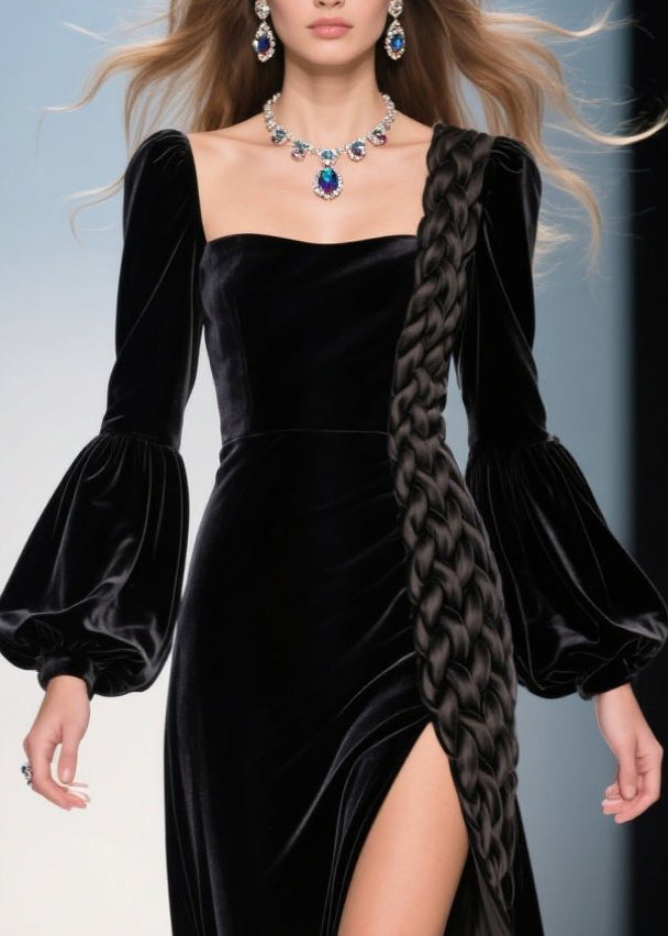 Women Black Square Collar Patchwork Side Open Silk Velvet Party Dress Lantern Sleeve