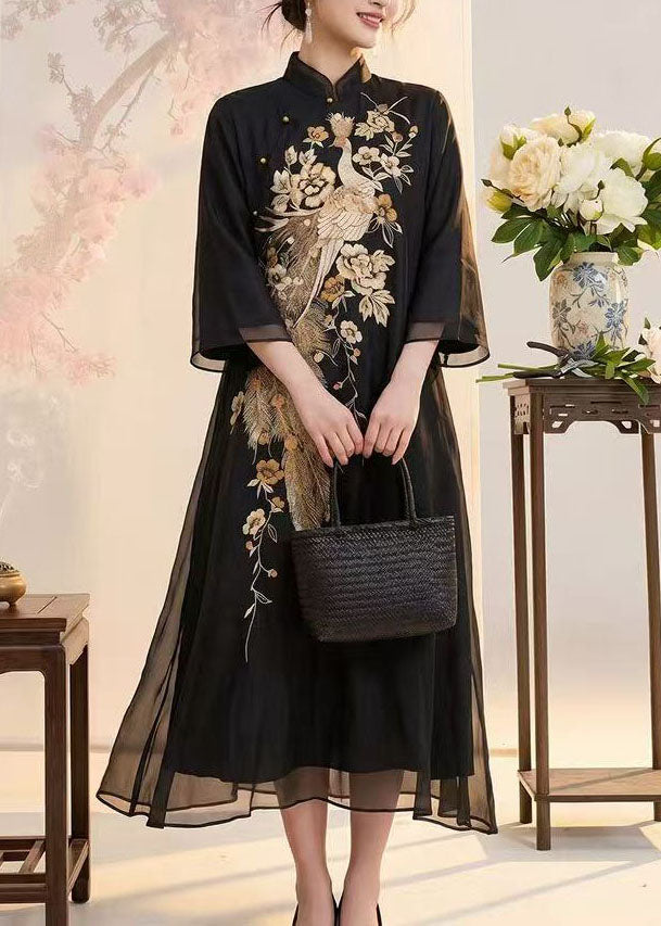 Women Black Stand Collar Embroidered Silk Long Dress Summer