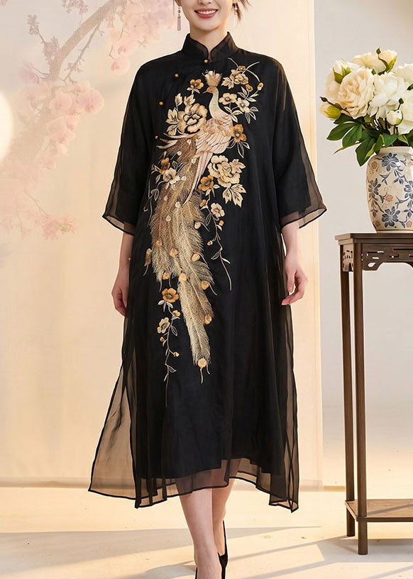 Women Black Stand Collar Embroidered Silk Long Dress Summer