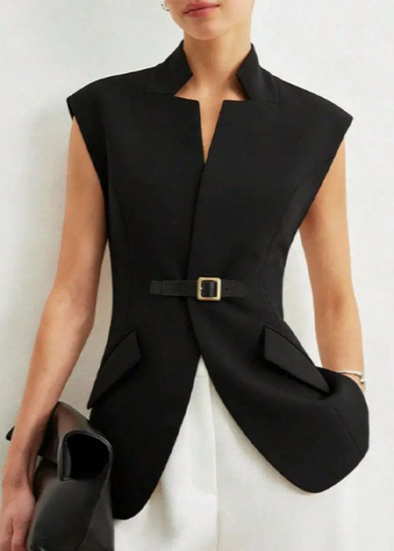 Women Black Stand Collar Patchwork Cotton Vest Sleeveless