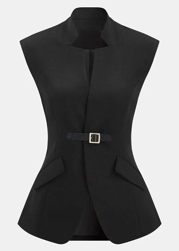 Women Black Stand Collar Patchwork Cotton Vest Sleeveless