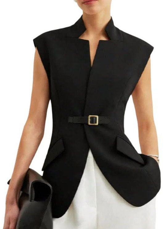 Women Black Stand Collar Patchwork Cotton Vest Sleeveless