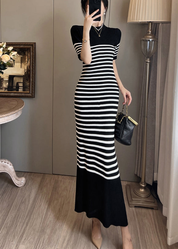 Women Black Stand Collar Striped Knit Straight Dress Summer