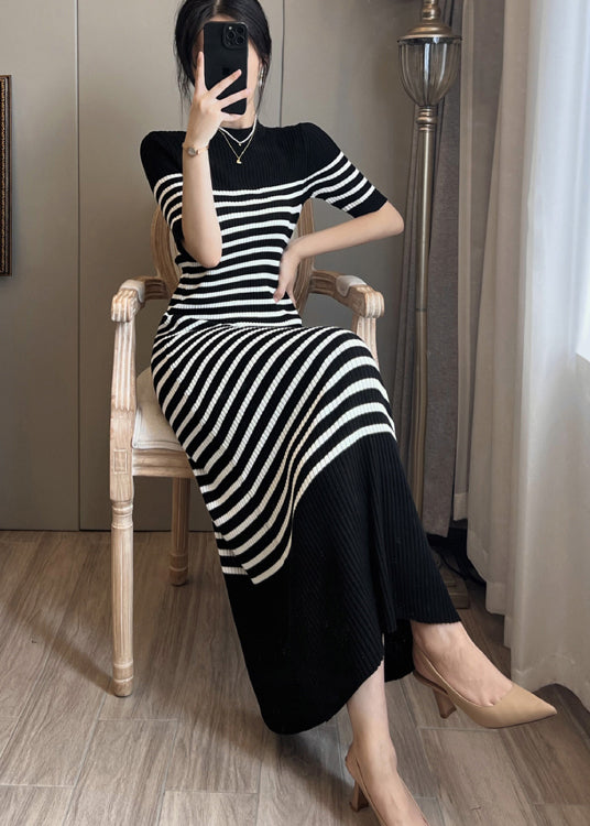 Women Black Stand Collar Striped Knit Straight Dress Summer