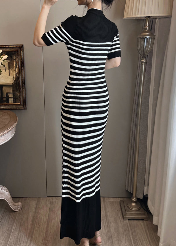 Women Black Stand Collar Striped Knit Straight Dress Summer