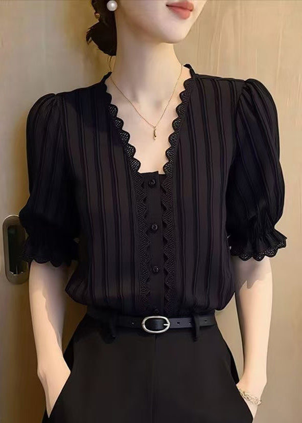 Women Black Striped Lace Patchwork Chiffon Shirts Summer