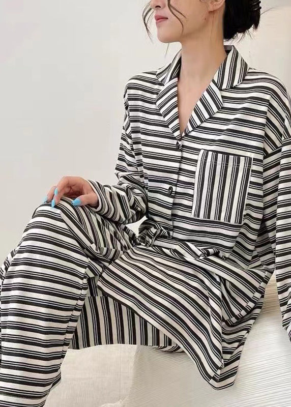 Women Black Striped Patchwork Cotton Two Piece Set Long Sleeve