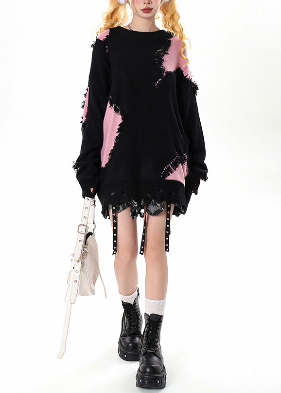 Women Black Tasseled Patchwork Hole Cozy Sweater Winter