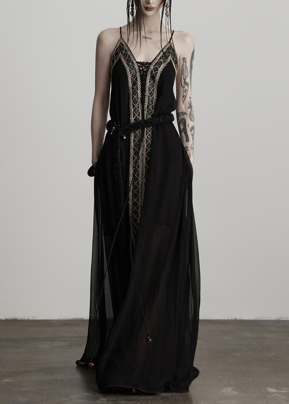 Women Black Tunic Patchwork Lace Cami Dress Summer