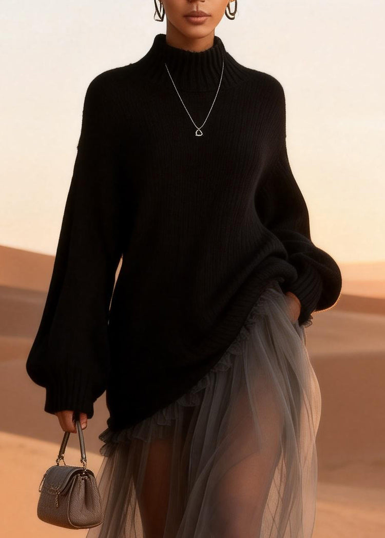 Women Black Turtleneck Knitted Cotton Patchwork Tulle Long Dresses Spring - Omychic