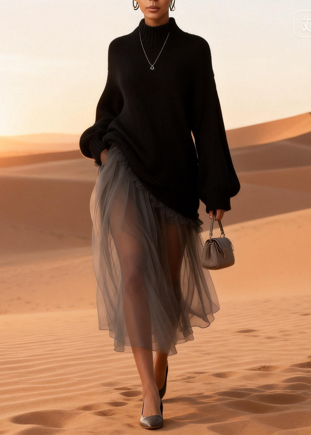 Women Black Turtleneck Knitted Cotton Patchwork Tulle Long Dresses Spring - Omychic