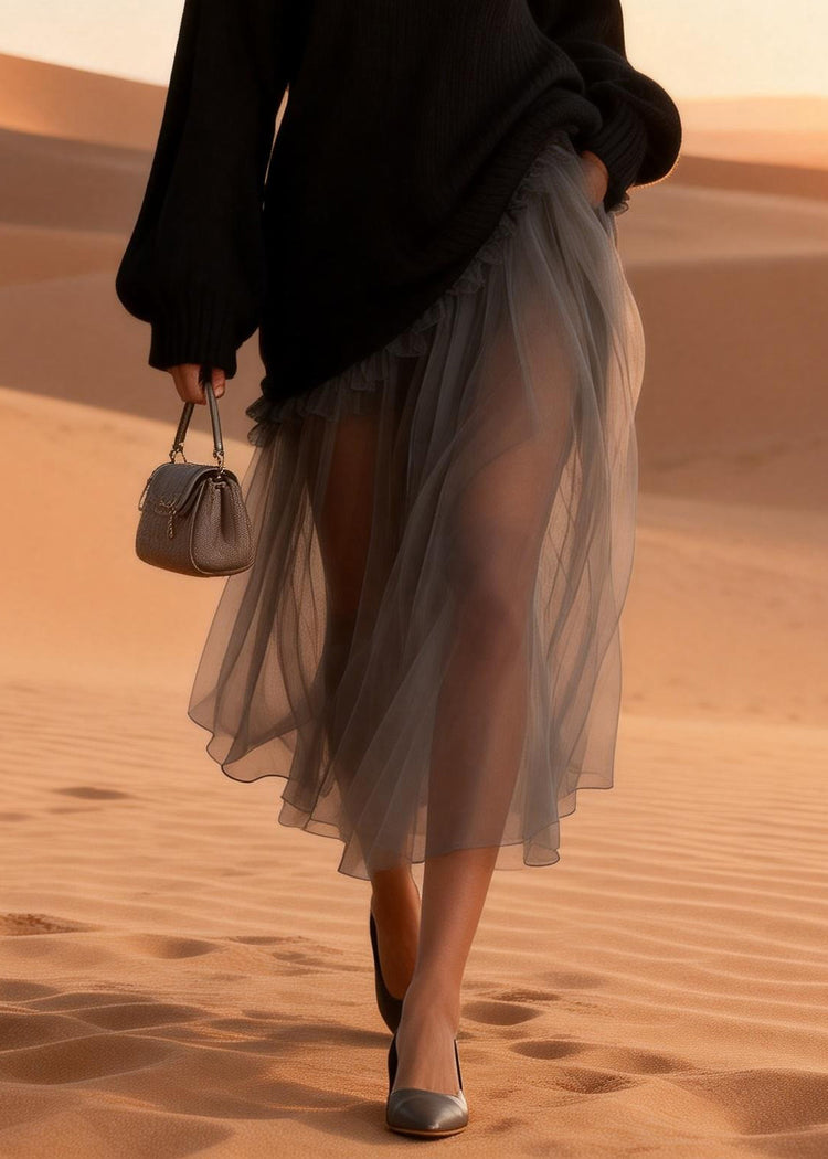 Women Black Turtleneck Knitted Cotton Patchwork Tulle Long Dresses Spring - Omychic