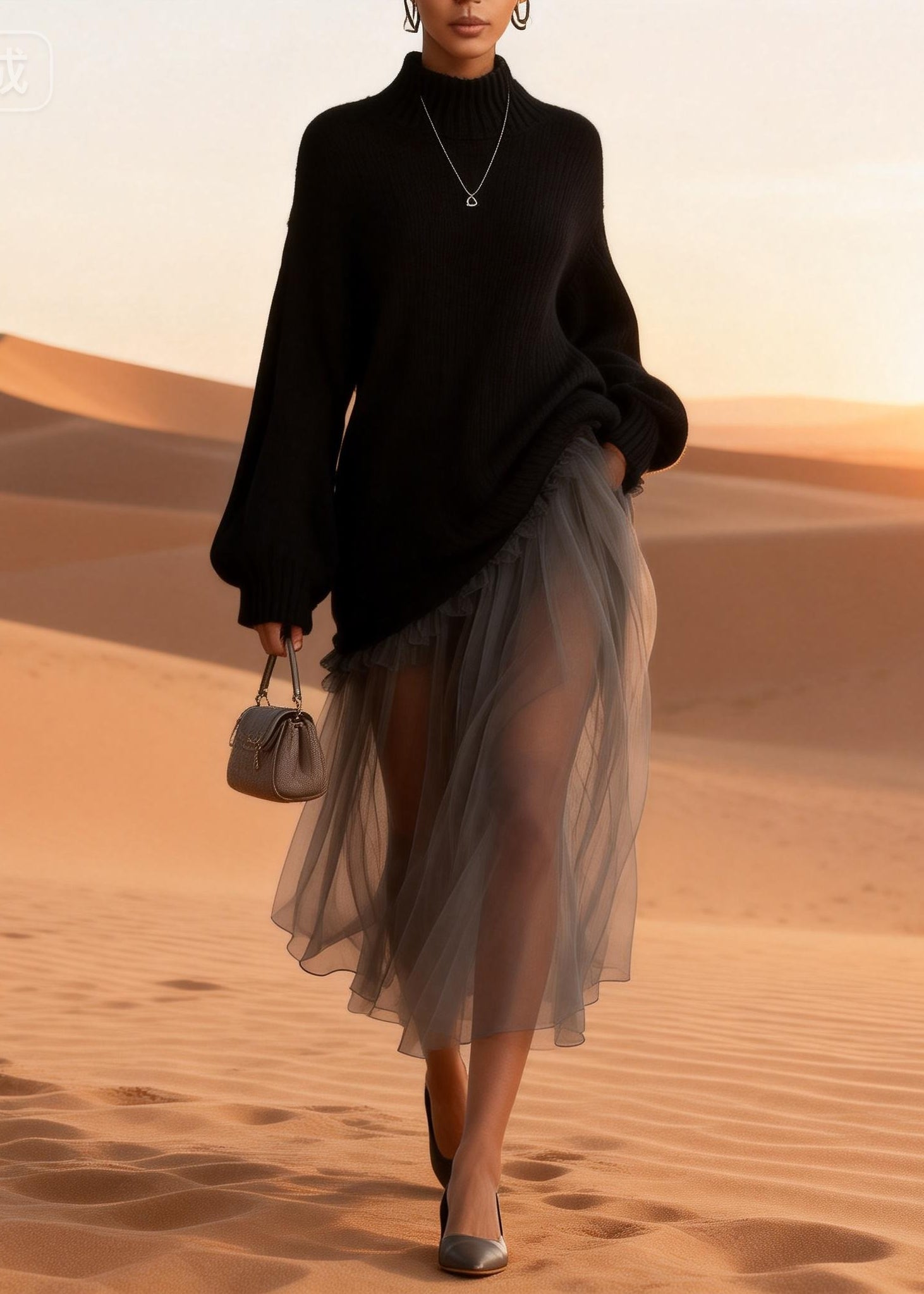 Women Black Turtleneck Knitted Cotton Patchwork Tulle Long Dresses Spring - Omychic