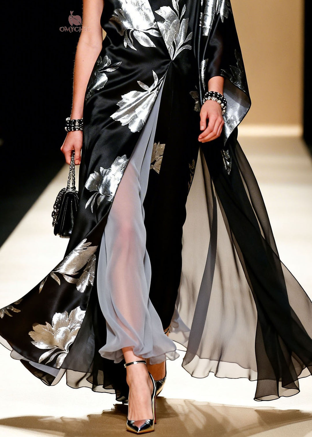 Women Black V Neck Asymmetrical Design Patchwork Chiffon Dress Summer