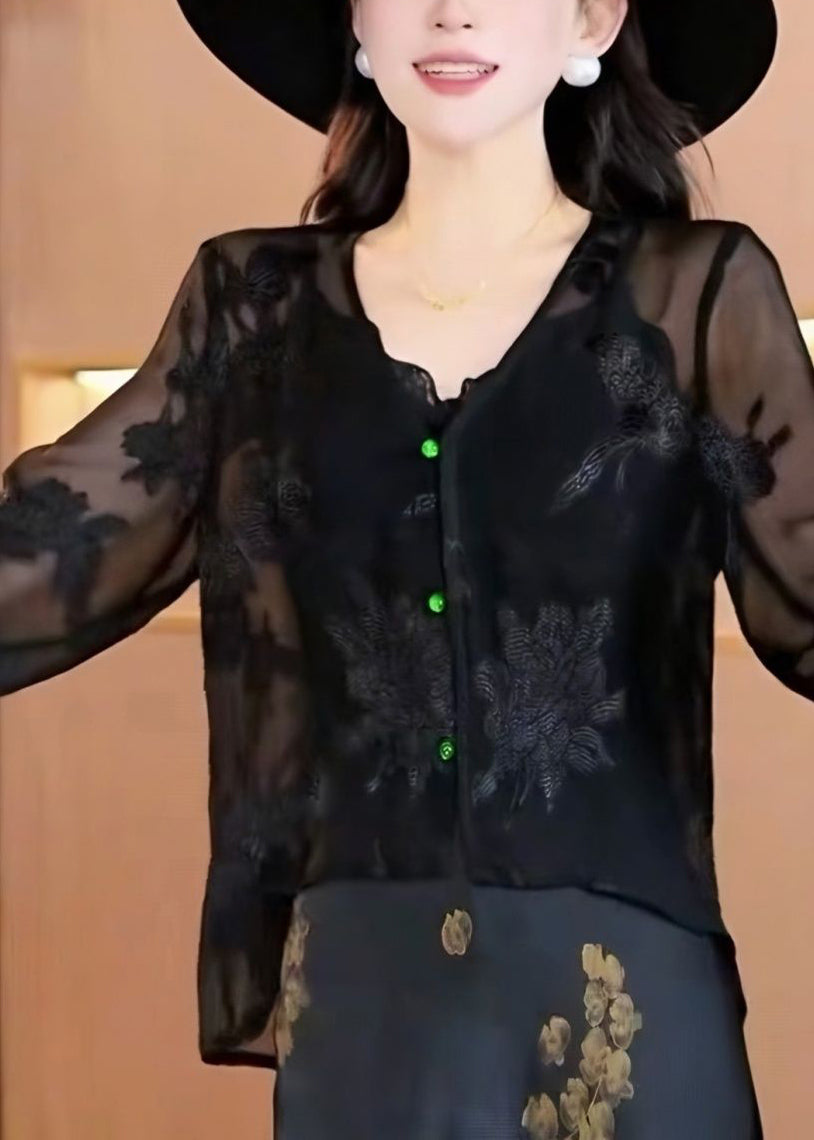 Women Black V Neck Jacquard Chiffon Top Fall