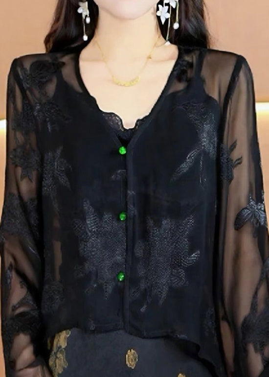 Women Black V Neck Jacquard Chiffon Top Fall