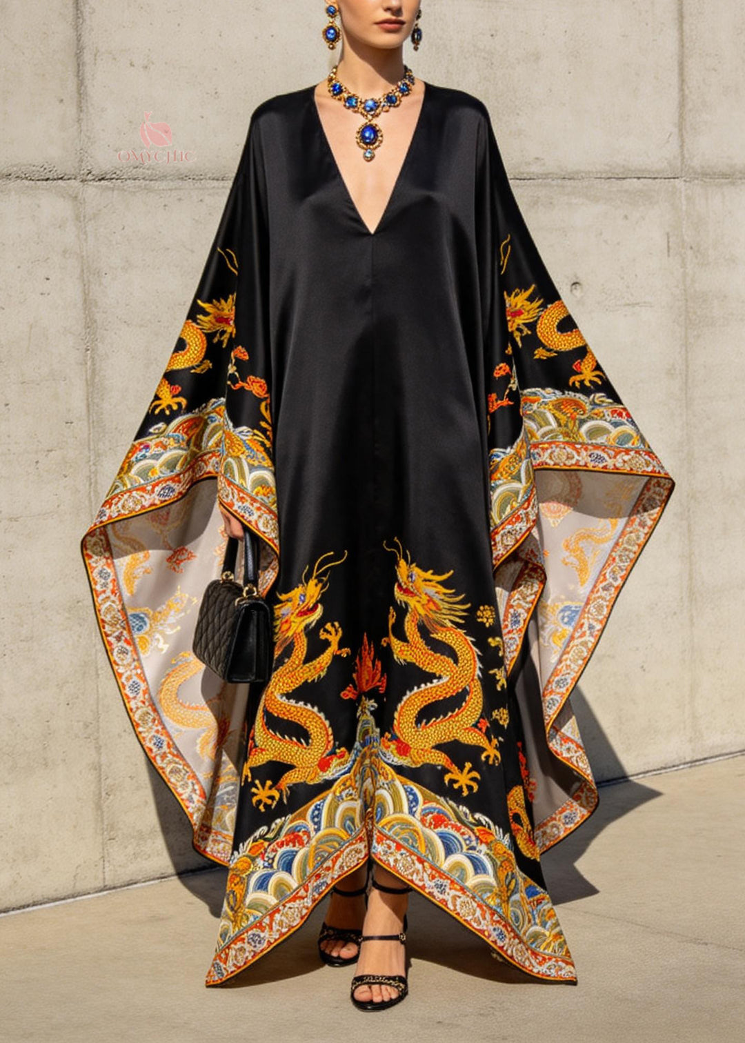 Women Black V Neck Oriental Print Chiffon Robe Dresses Batwing Sleeve - Omychic
