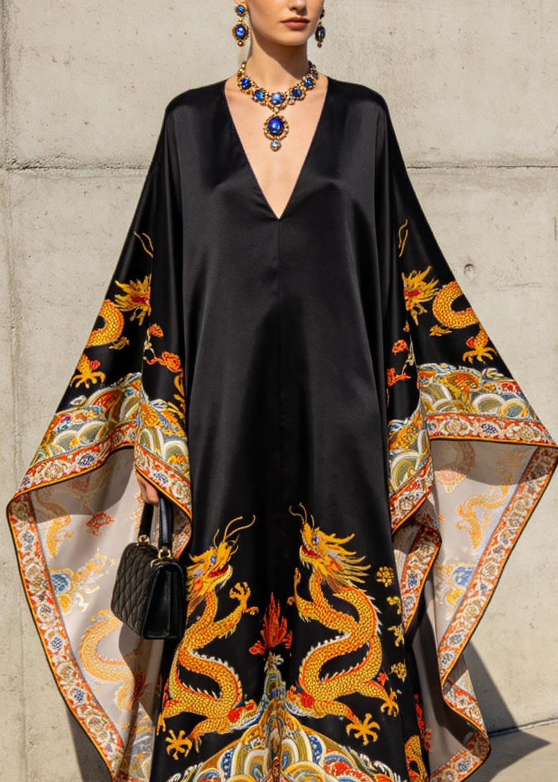 Women Black V Neck Oriental Print Chiffon Robe Dresses Batwing Sleeve - Omychic