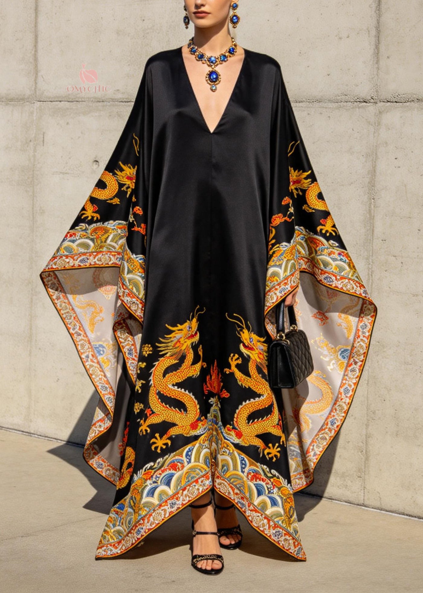 Women Black V Neck Oriental Print Chiffon Robe Dresses Batwing Sleeve - Omychic
