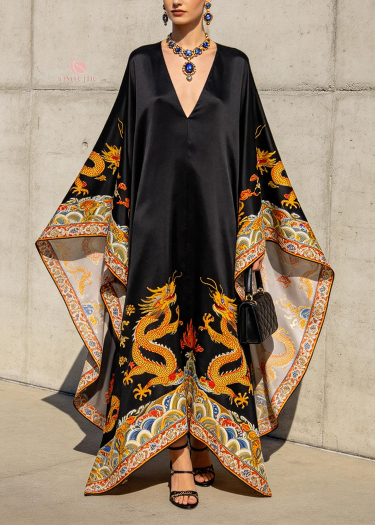 Women Black V Neck Oriental Print Chiffon Robe Dresses Batwing Sleeve - Omychic