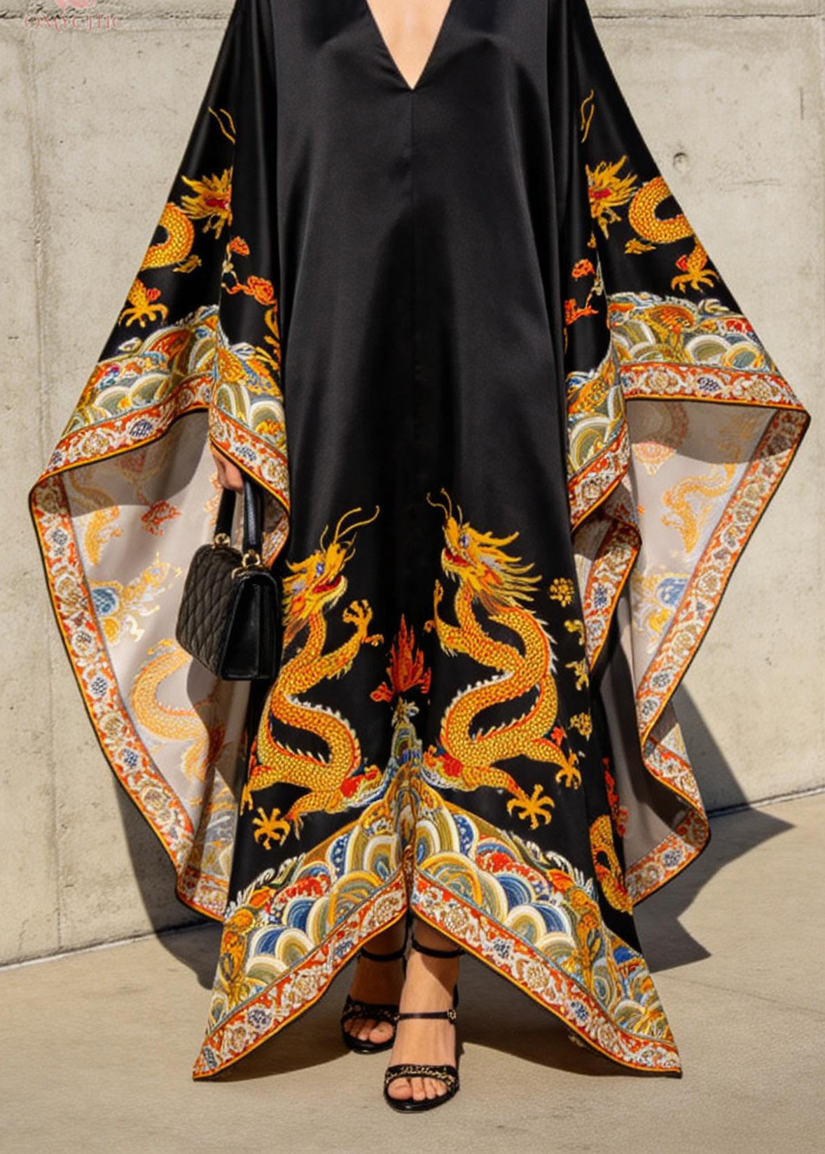 Women Black V Neck Oriental Print Chiffon Robe Dresses Batwing Sleeve - Omychic