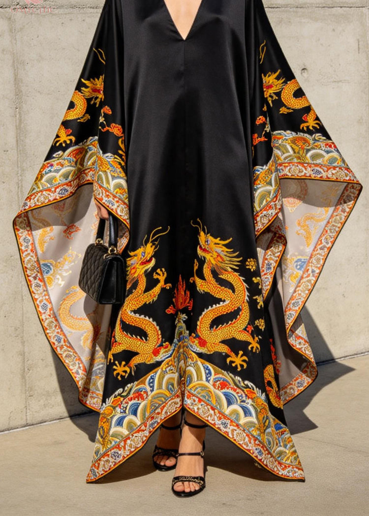 Women Black V Neck Oriental Print Chiffon Robe Dresses Batwing Sleeve - Omychic