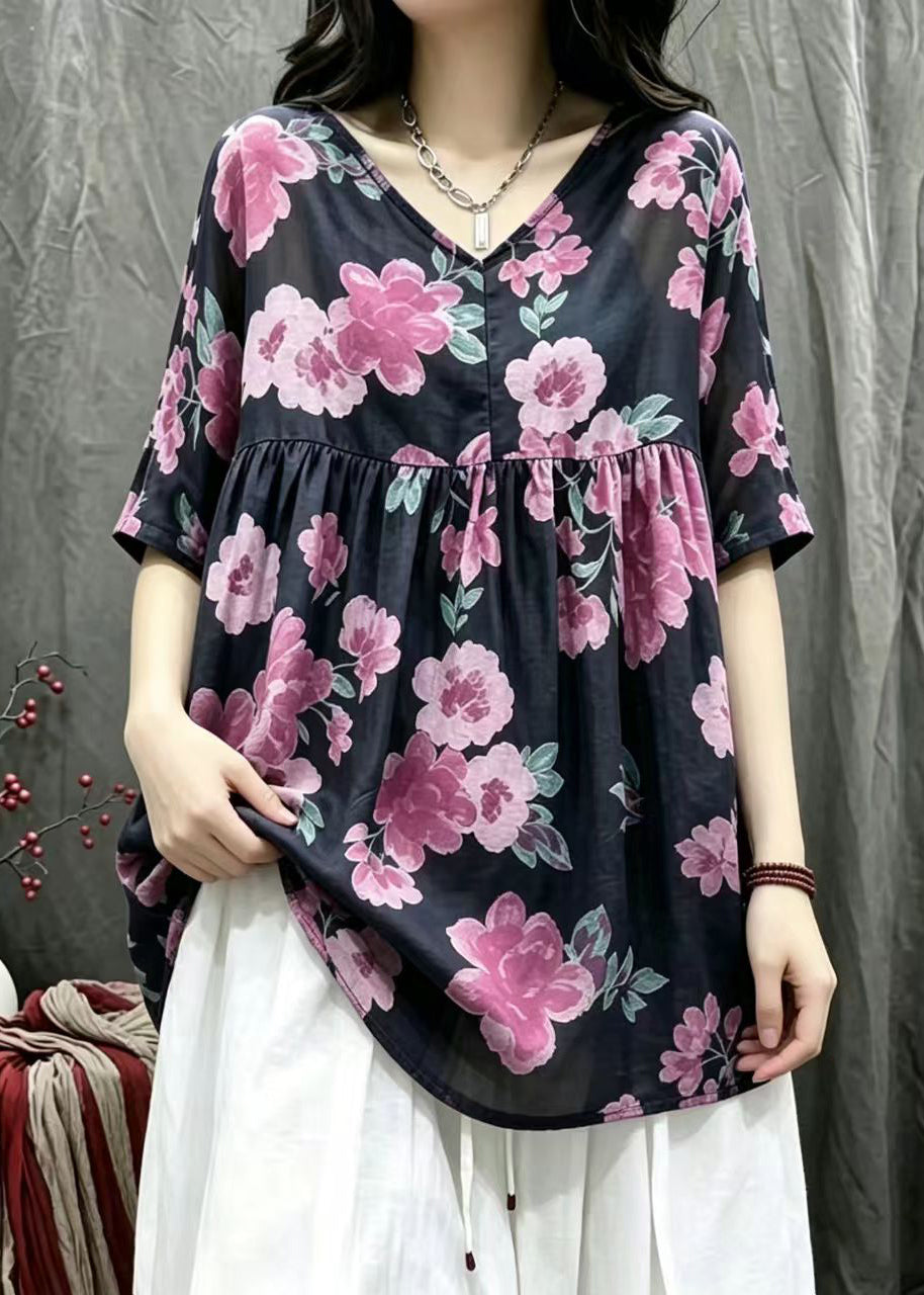 Women Black V Neck Print Babydoll Blouses Tops Summer