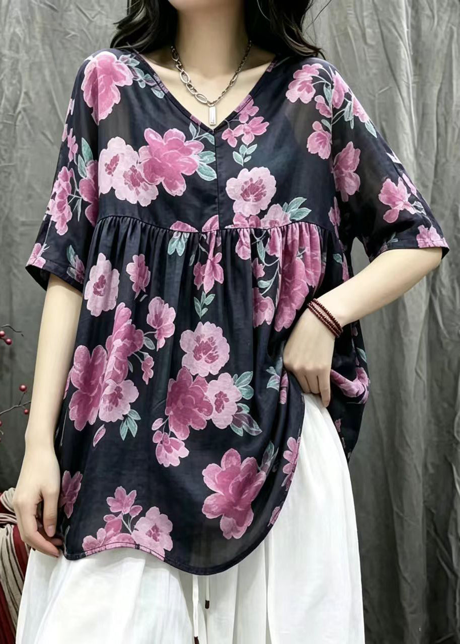 Women Black V Neck Print Babydoll Blouses Tops Summer